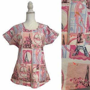 Pink Panther in Paris Print Nursing Medical Scrub Top Women’s Small